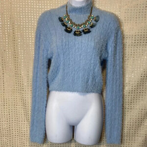 Privy Privately Privileged Blue Mock Neck Knit Sweater Crop